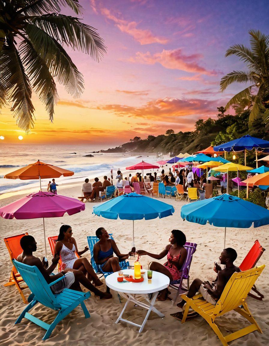 A lively summer party scene featuring diverse adults enjoying themselves at a beachside event, showcasing vibrant decorations and playful activities like dancing, lounging on colorful beach chairs, and enjoying tropical drinks. Include elements like beach umbrellas, festive lights, and a sunset in the background to create a warm ambiance. Capture the essence of fun and freedom in a tasteful manner. super-realistic. vibrant colors. sunset backdrop.
